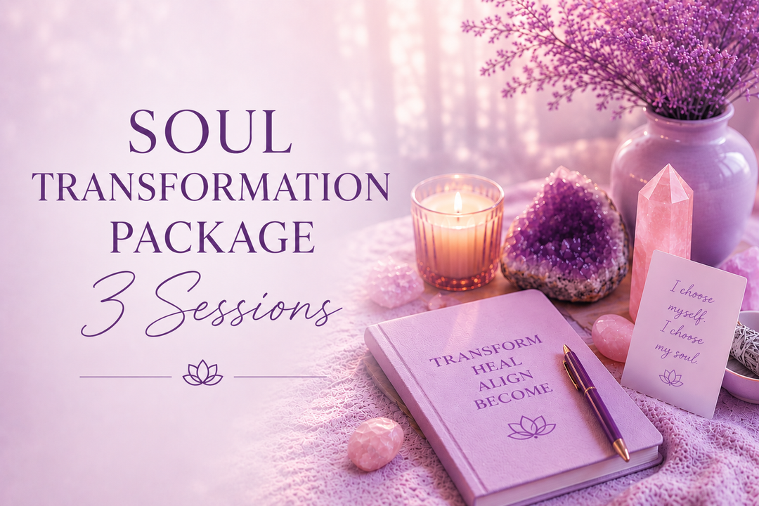 Spiritual Life Coaching and Soul Alignment 3 Sessions package  promotional image with purple healing crystals, candle, lotus symbols, and calming spiritual wellness aesthetic for Magnificent Energy Healing