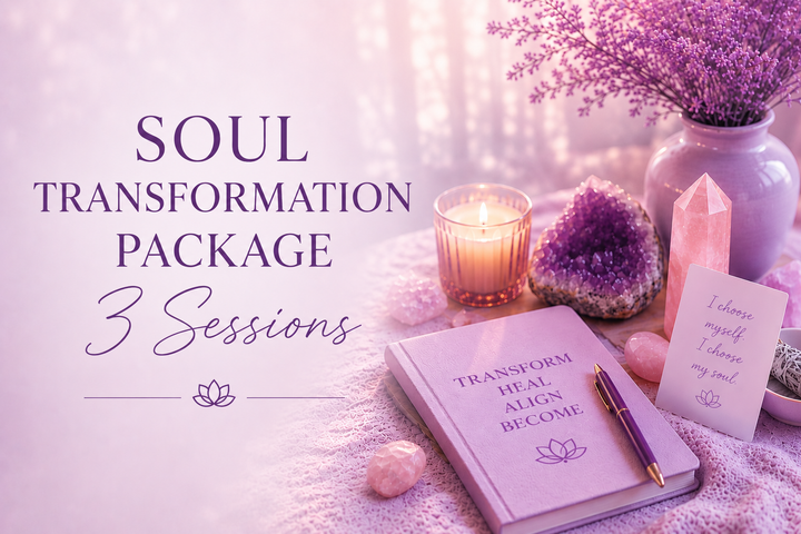 Spiritual Life Coaching and Soul Alignment 3 Sessions package  promotional image with purple healing crystals, candle, lotus symbols, and calming spiritual wellness aesthetic for Magnificent Energy Healing