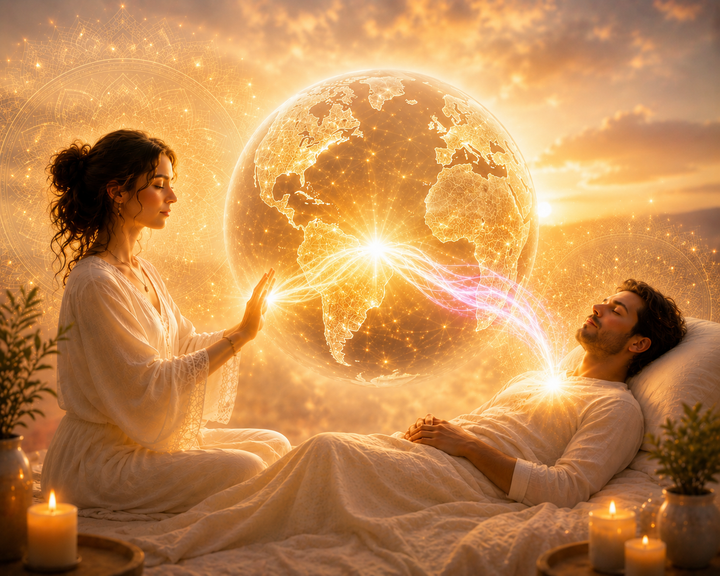 Distance Reiki energy healing session showing a Reiki practitioner sending healing energy to a remote client through a glowing Earth, symbolizing healing, connection, relaxation, and energy transmission across any distance.
