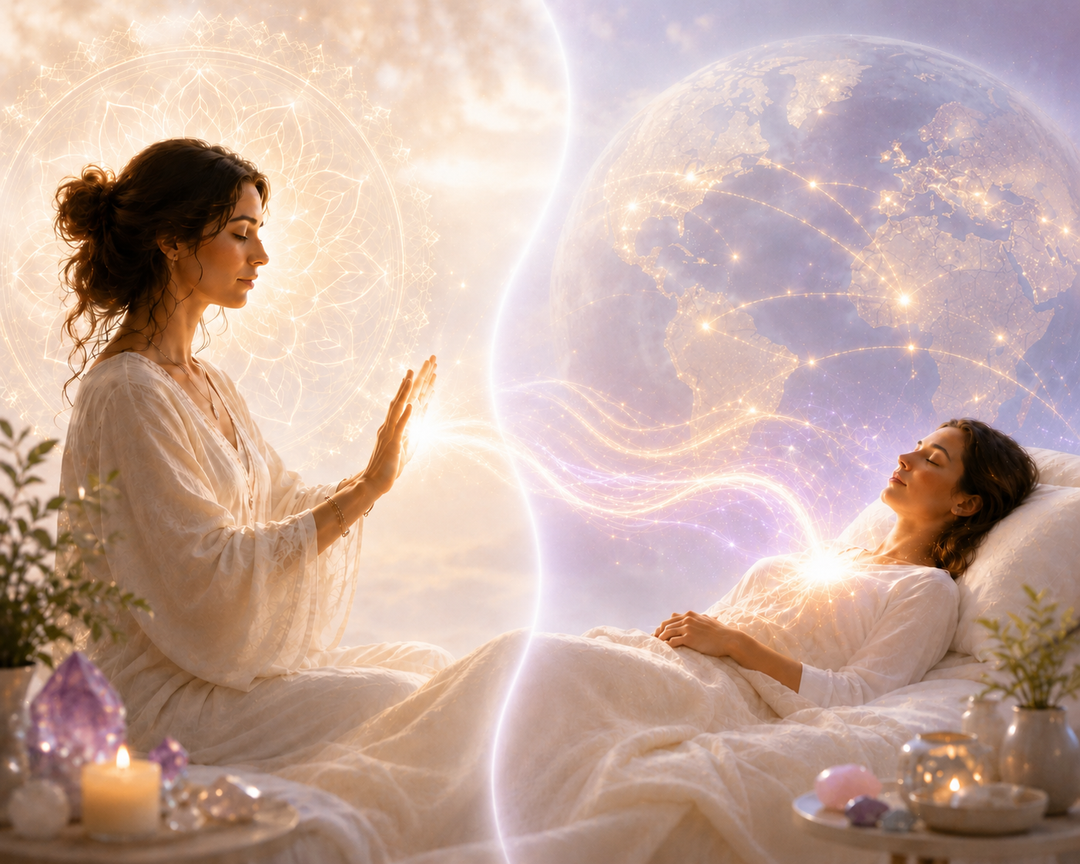 Distance Reiki energy healing session showing a Reiki practitioner sending healing energy remotely to a client, connected through light, sacred energy, and a glowing world symbolizing healing beyond physical distance.