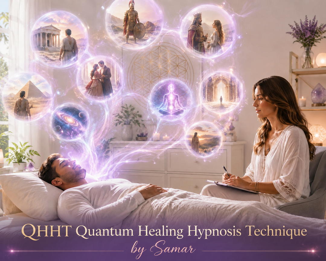 A man lying on a bed experiencing QHHT, Quantum Healing Hypnosis Technique by QHHT level 2 practitioner Samar.