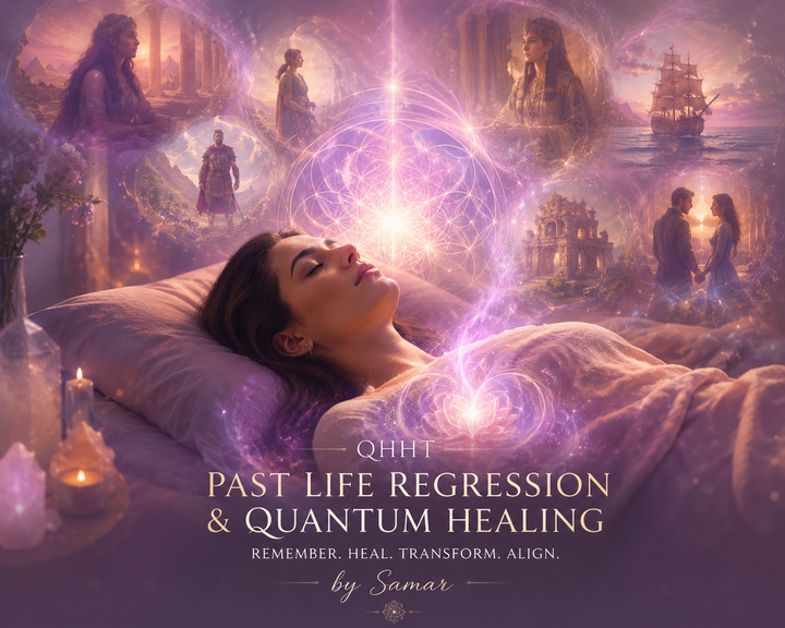 Woman experiencing QHHT past life regression and quantum healing session surrounded by spiritual visions, sacred geometry, and ethereal purple healing energy by Sama