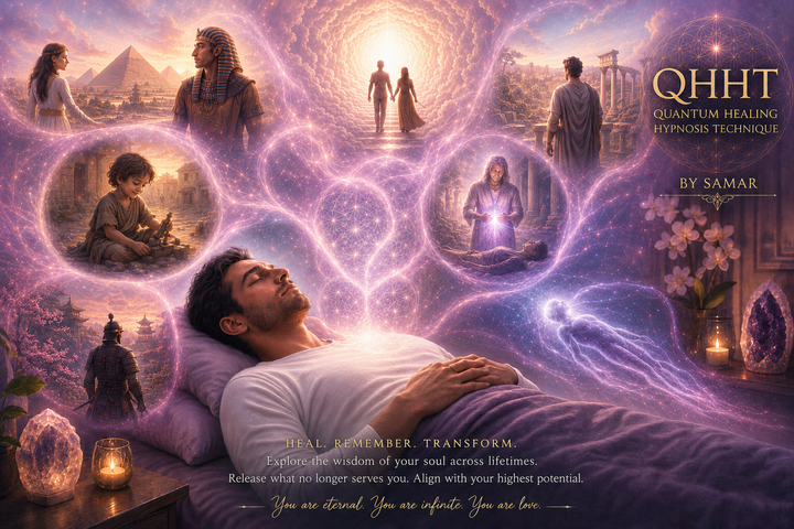 QHHT Quantum Healing Hypnosis Technique by Samar showing a client in a deep relaxation state surrounded by past life visions including ancient Egypt, childhood memories, spiritual healing, soul journeys, and higher consciousness exploration.