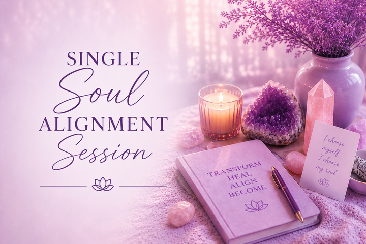 Spiritual Life Coaching and Soul Alignment Single Session promotional image with purple healing crystals, candle, lotus symbols, and calming spiritual wellness aesthetic for Magnificent Energy Healing