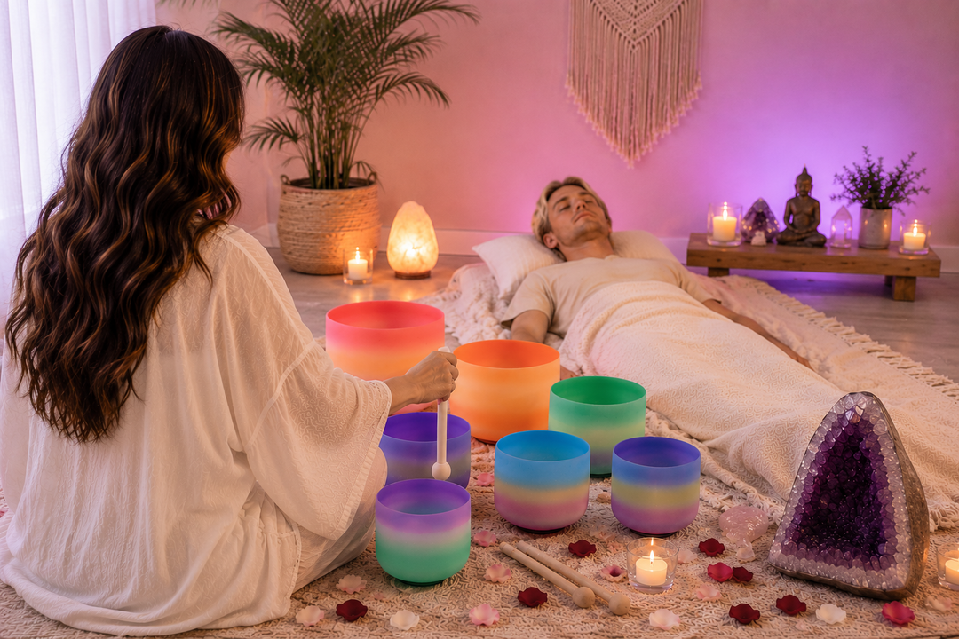 Sound healing session with crystal singing bowls, featuring a practitioner guiding a relaxing sound bath for a client in a peaceful healing space with candles, crystals, and chakra bowls.
