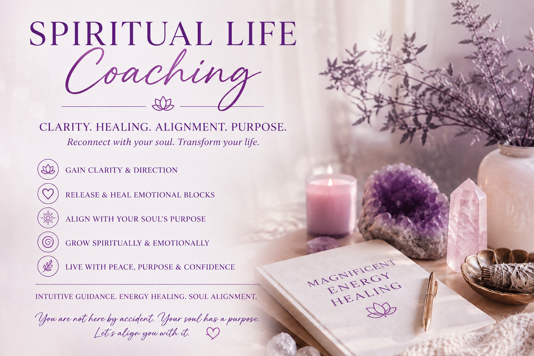 Spiritual Life Coaching and Soul Alignment Session promotional image with purple healing crystals, candle, lotus symbols, and calming spiritual wellness aesthetic for Magnificent Energy Healing