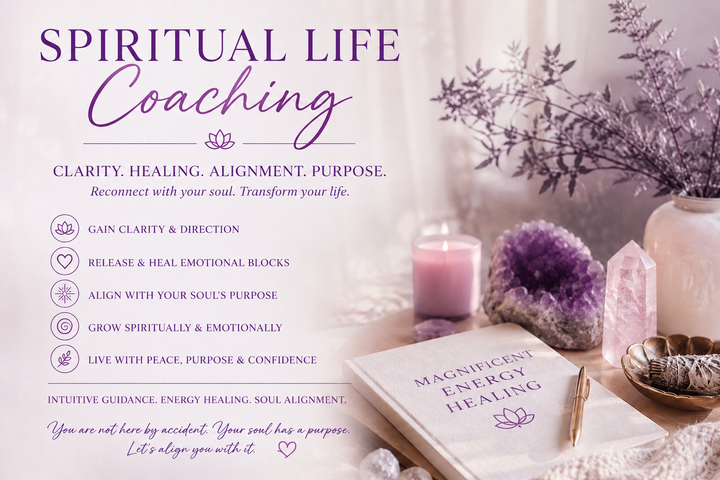 Spiritual Life Coaching and Soul Alignment Session promotional image with purple healing crystals, candle, lotus symbols, and calming spiritual wellness aesthetic for Magnificent Energy Healing